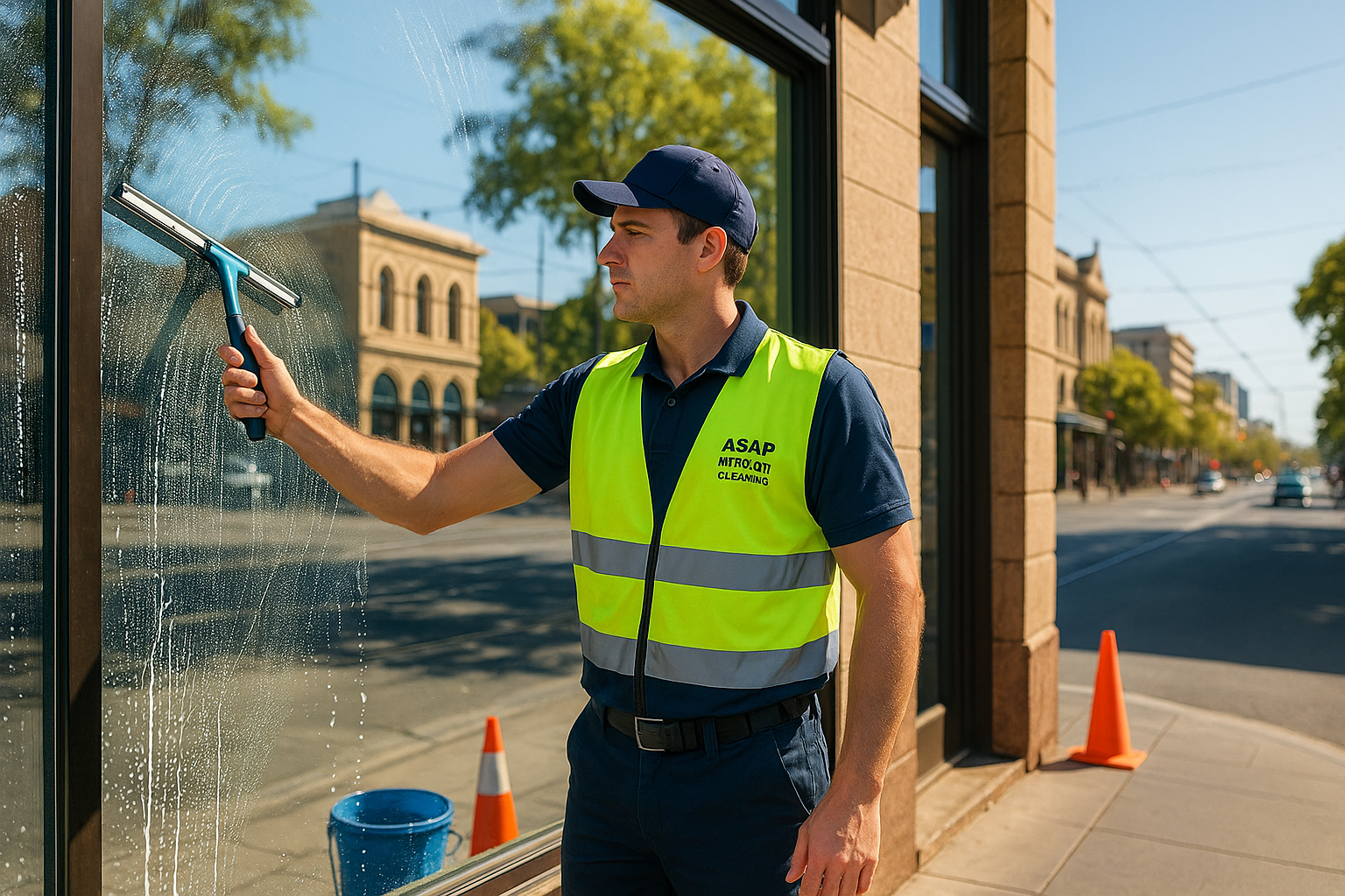 ASAP technician squeegeeing a shopfront window in Adelaide CBD